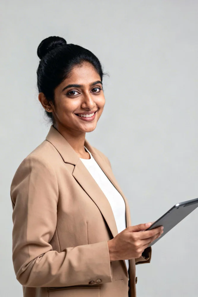Indian businesswoman holding a tablet reviewing market information